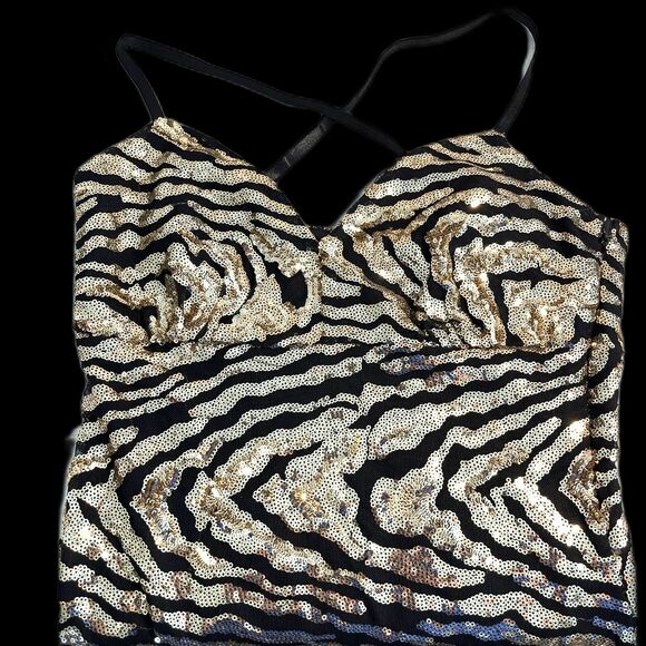 Bebe Black with Swirling Gold Sequins Spaghetti Strap Evening Dress S - Picture 4 of 7